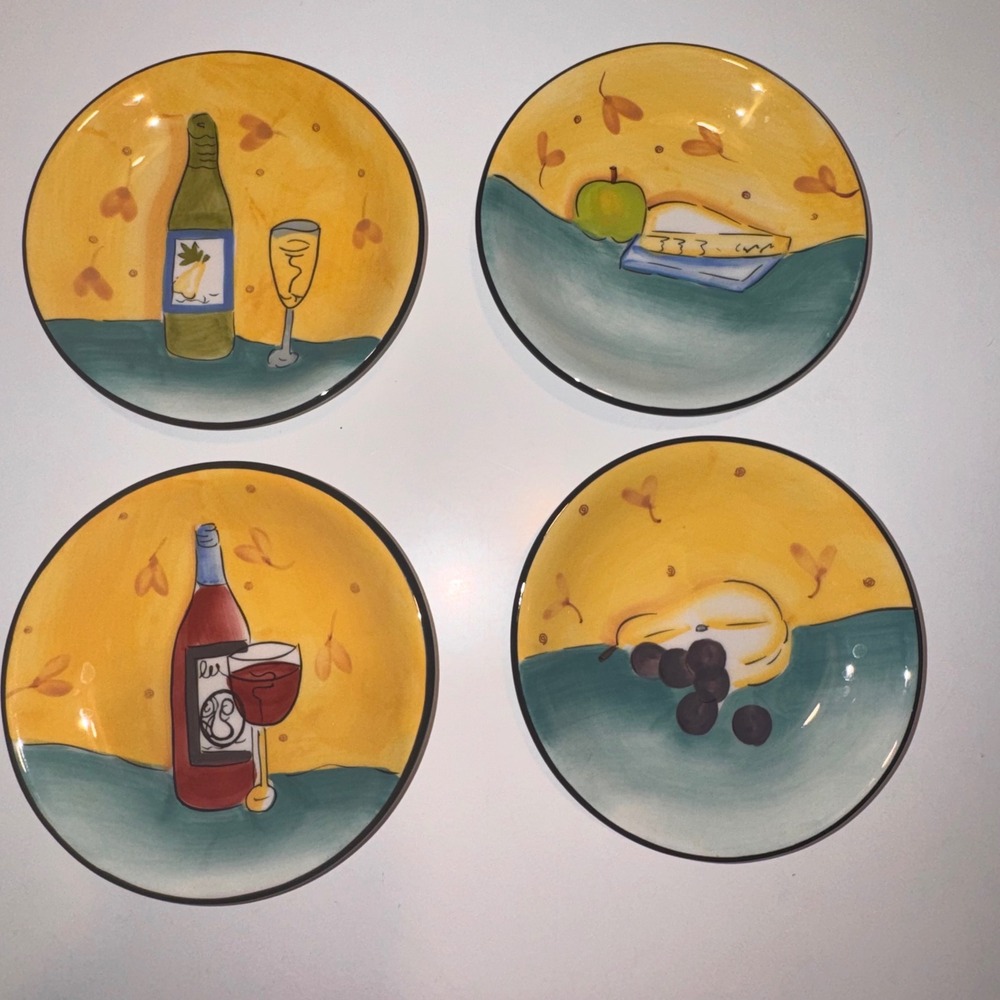 Hausenware Appetizer Plates Unisex 6in Yellow Wine Cheese Set of 4 Whimsical